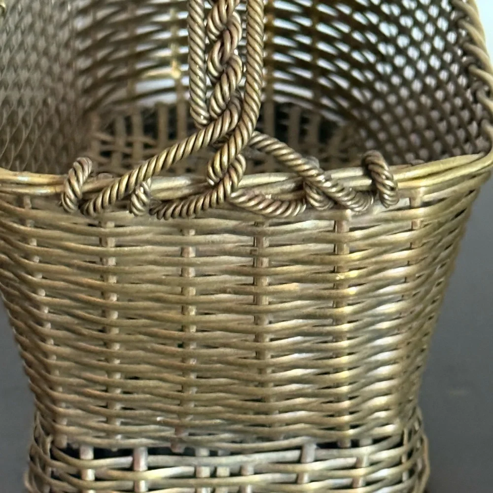 Antique French Brass Gold‎ Woven Basket wine holder caddy